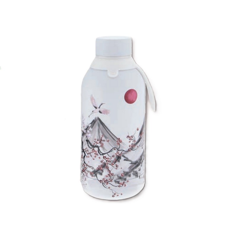 Borraccia termica bianca decorata con montagna giapponese e aironi in acciaio inox doppia parete da 500 ml